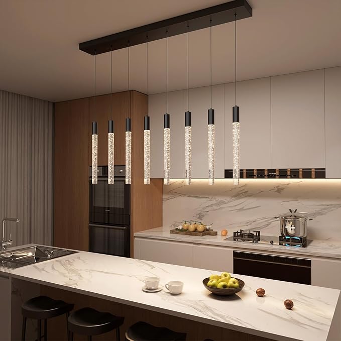 8-Light Black Rectangular Crystal Chandelier Modern LED Dimmable Crystal Column Pendant Lighting for High Ceiling Kitchen Island Entryway Living Room