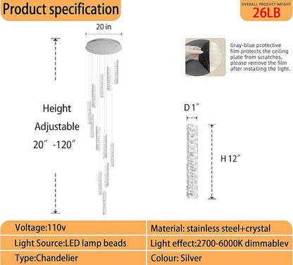 Long Spiral Crystal Chandelier Lighting for Foyer Silver 12-Light Staircase Chandelier High Ceiling Slopped LED Dimmable 2700K-6000K