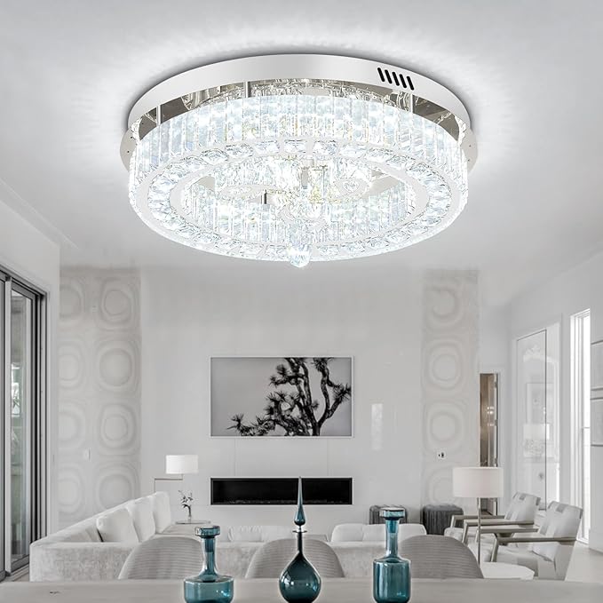 20'' Silver Modern Crystal Chandelier LED Dimmable Flush Mount Crystal Ceiling Light for Living Room Bedroom Dining Room