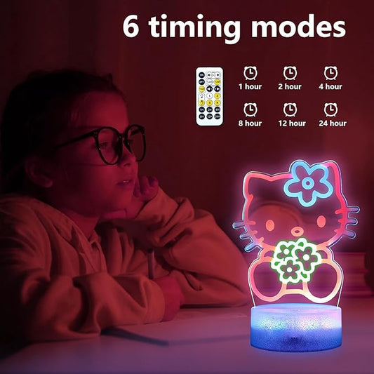 Cat Night Light for Kids, Anime Kitty Lamp with Timer, Remote Control, Changing Colors, Dimmable Acrylic LED Light for Christmas Birthday, Unique Gifts for Girls Boys Nursery Baby