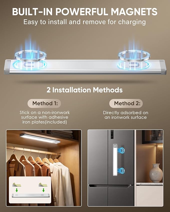MCGOR 5 Pack 14.7inch Under Cabinet Lighting, Rechargeable Motion Sensor Light Indoor with 3 Color Temps, Dimmable Magnetic Led Closet Lights, Wireless Under Counter Lights for Kitchen, Stairs