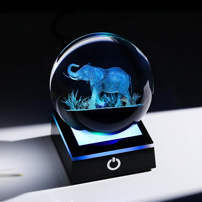 Arikyrist 3D Crystal Ball Elephant Figurine with Colorful Light Base, Laser Elephant Gifts for Women Men, Glass Elephants Statue Decorative Ball for Home Office (80mm)