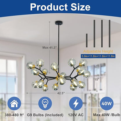 Depuley Glass Globe Sputnik Chandelier: 20-Light Modern Matte Black and Gold Ceiling Light Fixture - Vintage Hanging Chandeliers for Living Room Kitchen Dining Room Bedroom (Included G9 Bulbs)