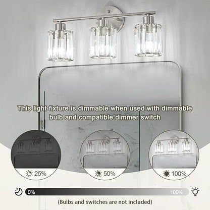 Crystal Bathroom Light Fixtures, Bathroom Lighting Fixtures Over Mirror, Modern 3-Light Brushed Nickel Vanity Lights for Mirror, Restroom, Kitchen(Ceramic E26 Socket,Bulbs Not Include)