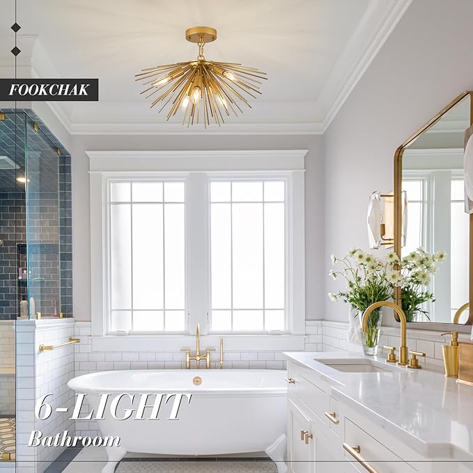 Gold Sputnik Ceiling Light, 6-Light Starburst Chandelier Ceiling Lights Mid Century Modern Satellite Flush Mount Light Solid Metal for Entry Kitchen Sink Dining Room