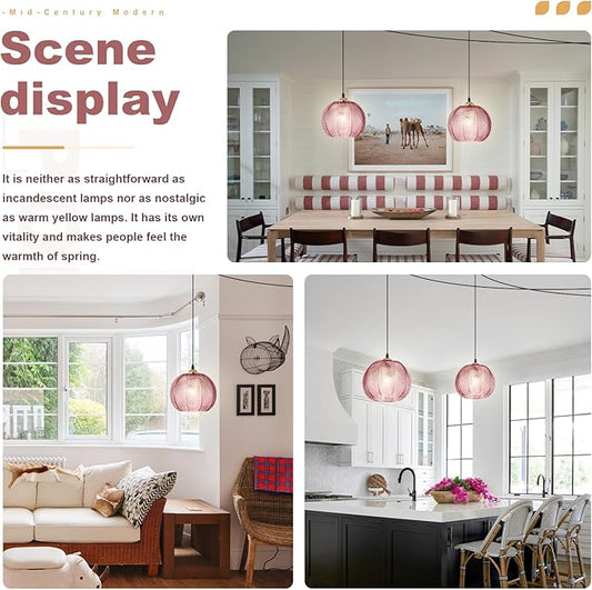 Hanging Lamp Pink Glass Pendant Light Plug in Chandelier with 14.76Ft Long Cord Boho Hanging Light Fixture Mid Century Modern Swag Lamp for Bedroom Girls Room Nursery Living Room