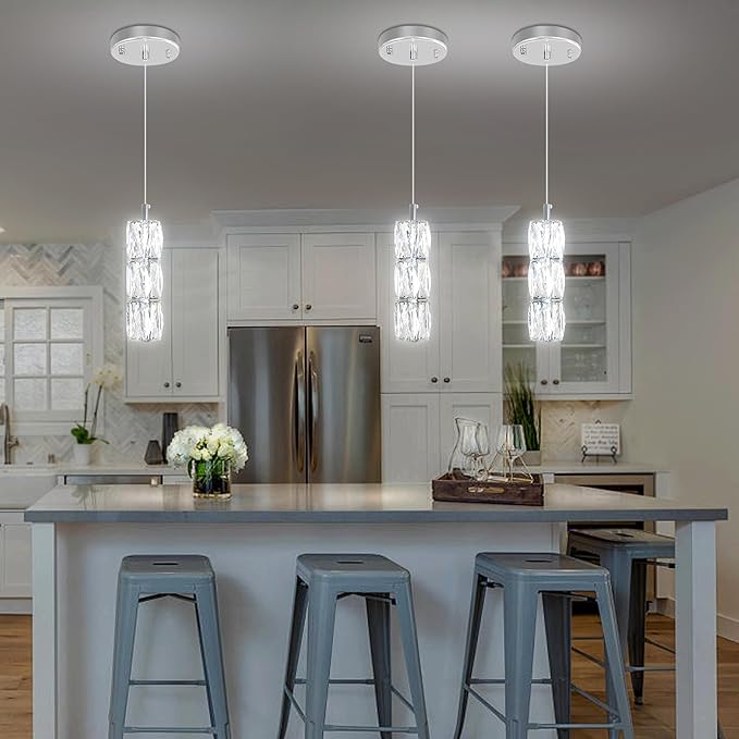 ykolupty Pendant Lights Kitchen Island Single Head Chrome Crystal Island Lights Dining Foyer Entrance Modern Chandeliers LED Dimmable 2700-6000K