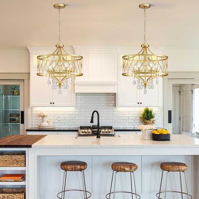 Gold Crystal Chandelier, 5-Light Modern Farmhouse Chandelier for Dining Room Vintage Hanging Pendant Light Fixtures, Gold Round Chandelier for Kitchen Island Entryway Foyer Bedroom Office Bar