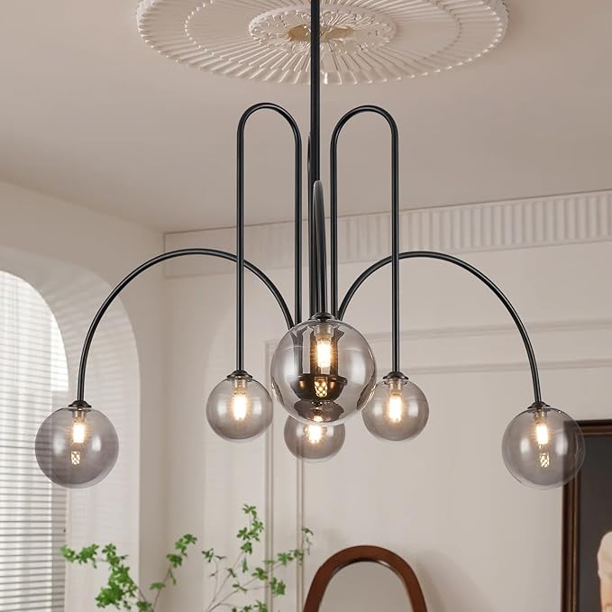 CATINER Black Chandelier Modern 6 Lights Sputnik Chandelier Large L40” Mid Century Ceiling Pendant Light Fixtures with Smoke Glass Globe Shades for Living Dining Room Foyer Bedroom