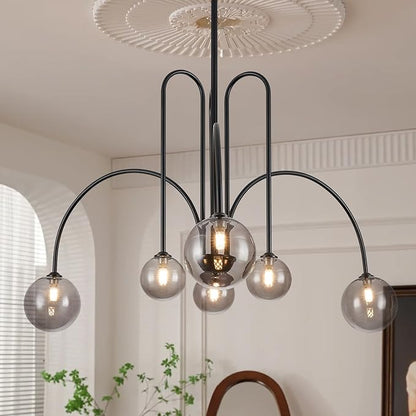 CATINER Black Chandelier Modern 6 Lights Sputnik Chandelier Large L40” Mid Century Ceiling Pendant Light Fixtures with Smoke Glass Globe Shades for Living Dining Room Foyer Bedroom