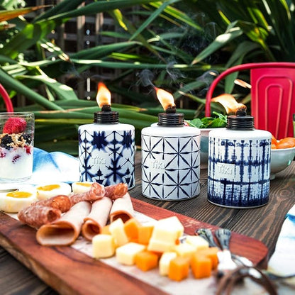 TIKI Glass Tie-Dye Tabletop Torches, 3-Pack – Decorative Outdoor TIKI Torches for Patio, Backyard & Garden – Portable Tabletop Citronella Torches for Outdoor Lighting – Blue, 5.75-Inch