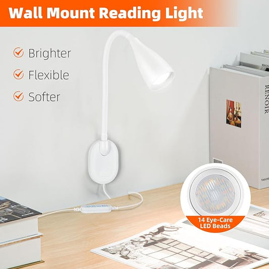 LiFMIRA Wall-Mounted LED Bedside Reading Light with USB Charging Port, 10-Level Dimmable & Adjustable 5 Color, Plug-in Adhesive Night Lamp for Books in Bed, Eye-Caring Bedroom Lighting (White)