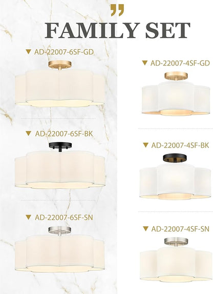 Black Semi Flush Mount Ceiling Lights, 6-Light 18Inch Ceiling Light Fixtures with Fabric Drum Shade in Flower Shape for Nursery Bedroom Kitchen, AD-22007-6SF-BK