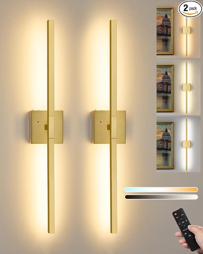 Rayogale 8000mAh Battery Operated Wall Sconce, 3000K/4500K/6000K Dimmable Gold Cordless Rechargeable Wall Sconces Set of Two with Timer Function for Living Room, Bedroom, Stairwell, 24 Inch