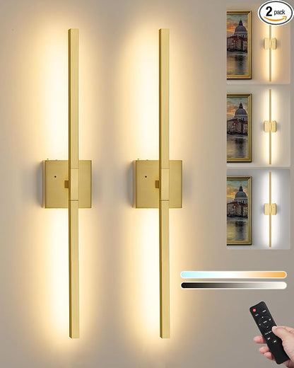 Rayogale 8000mAh Battery Operated Wall Sconce, 3000K/4500K/6000K Dimmable Gold Cordless Rechargeable Wall Sconces Set of Two with Timer Function for Living Room, Bedroom, Stairwell, 24 Inch
