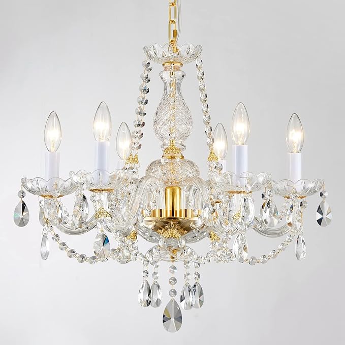 AGV LIGHTING CH003 K9 Crystal Chandeliers, French Classic Style Light Fixture, 6-Lights, D22 x H20, Adjustable Chains 59", Shinny Gold Finish Frame