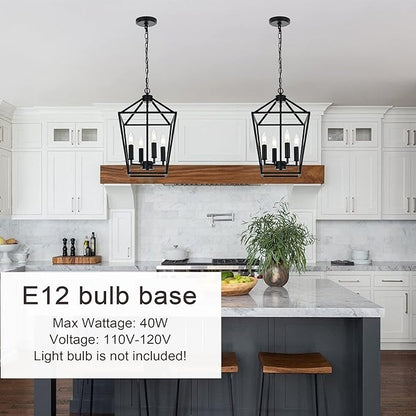 MELUCEE Farmhouse Chandelier 4 Lights Lantern Pendant Light in Black Finish Vintage Openwork Cage Hanging Light Ceiling for Kitchen Island Dining Room Hallway Entryway, E12 Base