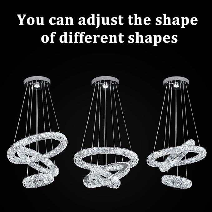 3 Rings Modern Crystal Flush Mount Chandelier - 3-Colors Changeable Crystal, 15.7''+11.8''+7.8'' LED Ceiling Light DIY Adjustable, Living Room, Hotel, Office