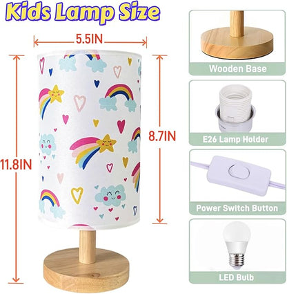 Rainbow Lamp for Girls Bedroom,Gifts for Girls-3 Color Modes Nightstand Night Light Lamp,Wood Base Flaxen Fabric Shade Desk Reading Lamp for Bedroom Living Room Office Christmas Gifts for Girl