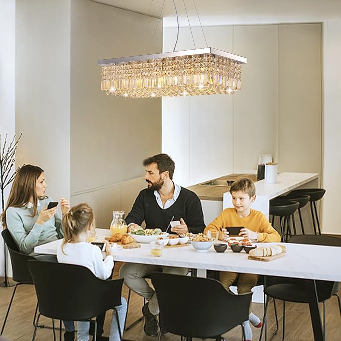 7PM Rectangle K9 Crystal Chandelier Modern Rectangular Pendant Light Fixture for Dining Room Kitchen Island Chrome L40 x W10 x H10
