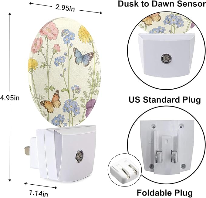 Butterfly Floral Night Light Yellow Daisy Flowers Plug-in Night Lights with Dusk-to-Dawn Sensor for Bedroom, Bathroom and Living Room 0.5W Sleep Friendly for Women/Girls/Boys
