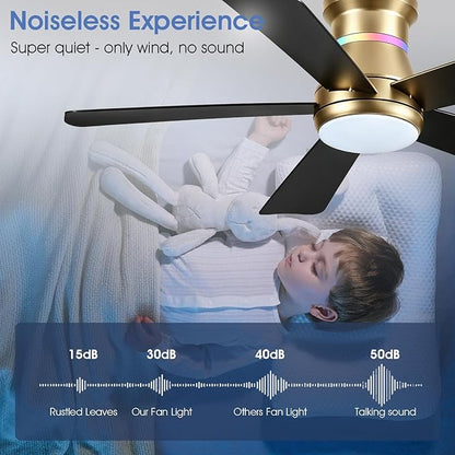Surtime 46" Ceiling Fans with RGB Lights - Flush Mount Ceiling Fan Light with LED 3CCT Dimmable, Modern Low Profile Gold Ceiling Fan with Reversible Black Blades
