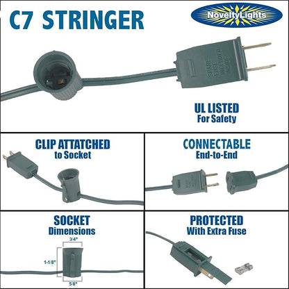 Novelty Lights 12.5 Foot C7 Outdoor String Light Christmas Stringer - Patio String Lights - Candelabra Base (C7/E12) - 6" Spacing - Black Wire