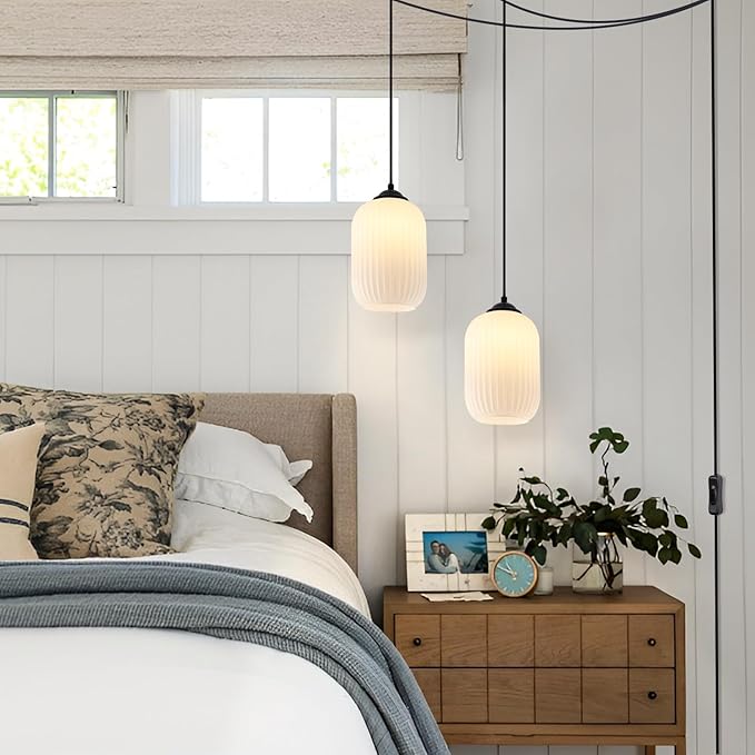 Small Black Pendant Light with Plug in Cord Mini Cylinder Glass Pendant Light Bedside Pendant Lights Plug in Milk Glass Hanging Dining Room Light Fixture
