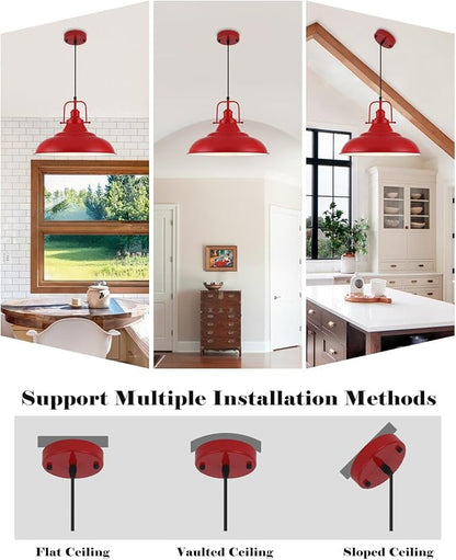 Red Pendant Light, 16 Inch Large Industrial Pendant Lights, Matte Red Pendant Lights Kitchen Island, Vintage Farmhouse Pendant Light for Kitchen Island, Dining Room, Hallway (1 Pack)