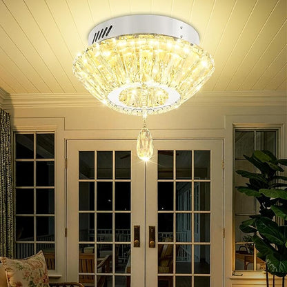 Silver 12'' LED Mini Crystal Chandelier Dimmable Flush Mount Ceiling Light for Hallway Modern Living Room Bedroom Dining Room Foyer