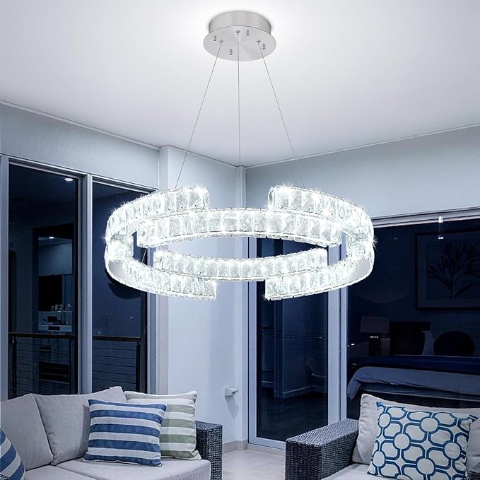 D16'' Modern Crystal Ring Chandeliers for Living Room Dinning Room Crystal Pendant Light Dimmable 3000k-6000k