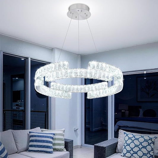 D16'' Modern Crystal Ring Chandeliers for Living Room Dinning Room Crystal Pendant Light Dimmable 3000k-6000k
