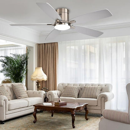 Ayaoty 52 Inch Low Profile Ceiling Fans with Lights and Remote, Flush Mount Modern Ceiling Fan, 3CCT Dimmable DC Ceiling Fan for Bedroom, Living Room, Brushed Nickel