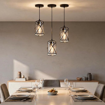 3 Light Pendant Lighting, Farmhouse Hanging Light Fixture for Kitchen Island & Dining Room, Industrial Vintage Ceiling Lamp with E26 Base, Adjustable Height, Matte Black with Glass Shades
