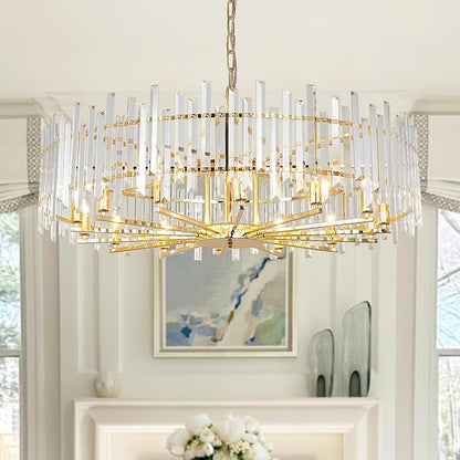 Gold Crystal Chandeliers for Dining Room, 39.4" Modern Round Chandelier Large Adjustable Height Ceiling Hanging Pendant Light Fixture for Dining Living Room Bedroom