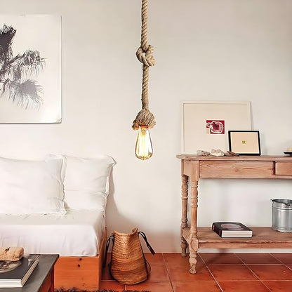 1 Head 1.5 Meter Vintage Hemp Rope Pendant Light Fixture E26/E27 Base, Vintage Ceiling Light Lamp,Retro Style for Dining Hall Restaurant Bar Lighting(Bulb not Included)