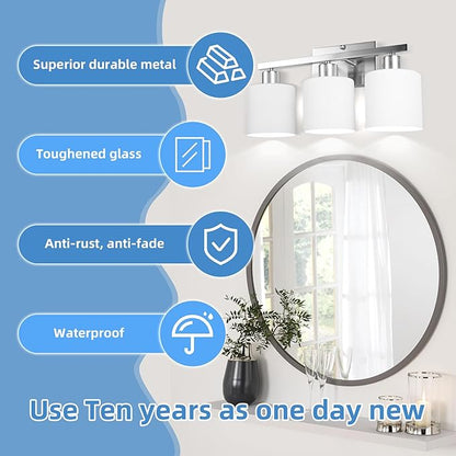 SILAMPDI Bathroom Light Fixtures Brushed Nickel, 3-Light Bathroom Lights Over Mirror, Bathroom Vanity Lights for Bedroom, Living Room, Hallway, Milky White Glass Shades, E26 Base, Bulbs Not Included