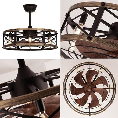 SHLUCE 22" Caged Farmhouse Ceiling Fan with Light, 6 Speeds, Rustic Fandelier Enclosed Ceiling Fans with Lights and Remote, Modern Bladeless Ceiling Fan with Light for Living Room, Bedroom - ETL