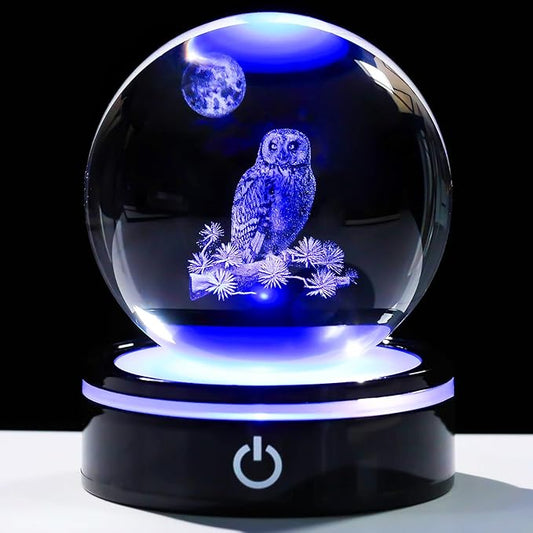 YWHL 3D Owl Figurine Crystal Ball with Colorful Light Base, Owl Gifts for Women Men Owls Lovers on Christmas Birthday, 3D Laser Engraved Owls Sphere Glass Ball for Home Office Decoration (80mm)