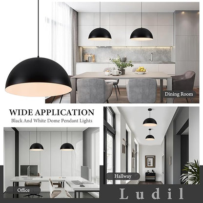 Industrial Pendant Lighting for Kitchen Island, 16 Inch Black and White Metal Dome Pendant Light Fixtures, Farmhouse Hanging Light Fixture E26 Base for Dining Room Foyer Entryway Cafe, 2 Pack