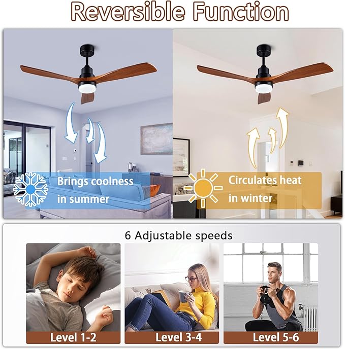52-inch Ceiling Fan with Remote Control (Illuminated) 3-Blade Carved Wooden Fan Blades Quiet Reversible All-Copper Motor Ideal for Living Rooms, Bedrooms, and Courtyards Black/Walnut Finish