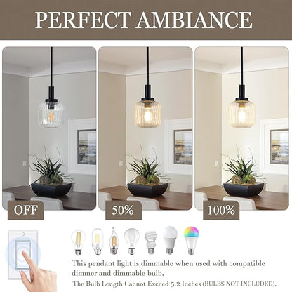 Glass Pendant Lights Kitchen Island 2 Pack, 5.9" Black Modern Pendant Light with Clear Glass and Rods, Mini Hanging Lighting for Kitchen Sink Bathroom Bedroom, OS-YQ7749-2PBK