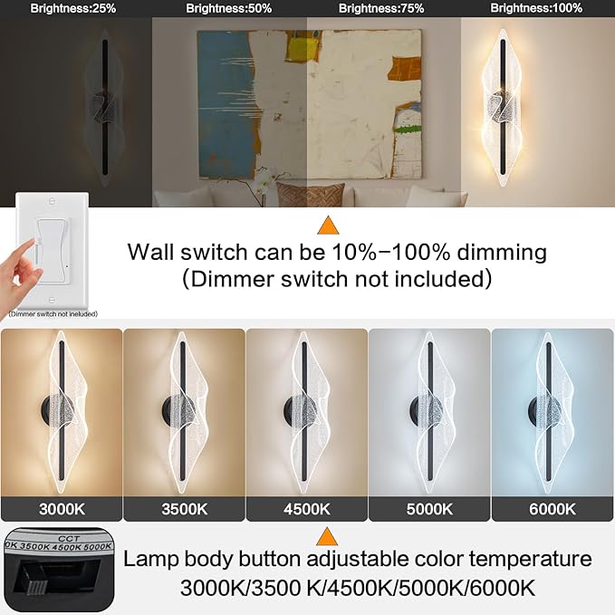 Modern Wall Sconce Light 22.4In Black Wall Lghting LED Dimmable Wall Lamp for Living Room Hallway Bathroom Bedroom Stairs Indoor
