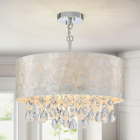 LumFurn 4-Light Drum Capiz Shell Crystal Chandeliers, Coastal Style Pendant Light Fixture for Dining Room, Living Room, D18 x 21~68"(Adjustable), Shell Lampshade & Chrome Finish