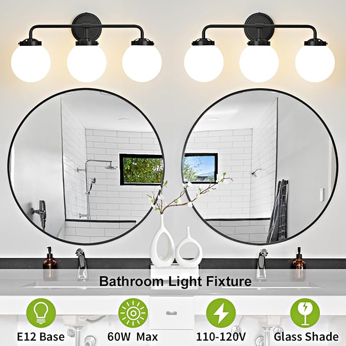 Black Bathroom Light Fixtures Over Mirror, 22.4'' 3-Light Modern Vanity Lighting with Milk White Glass Globe Shade Wall Sconce
