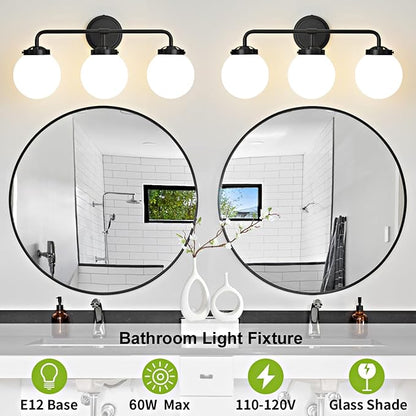Black Bathroom Light Fixtures Over Mirror, 22.4'' 3-Light Modern Vanity Lighting with Milk White Glass Globe Shade Wall Sconce