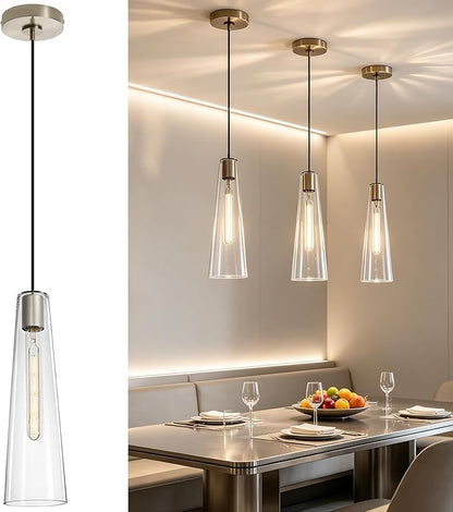 Modern Glass Pendant Lights Kitchen Island, Dimmable Brushed Nickel Pendant Light Fixtures 1 Pack, Adjustable Farmhouse Hanging Light Fixture with Clear Glass Shades for Hallway Dining Room