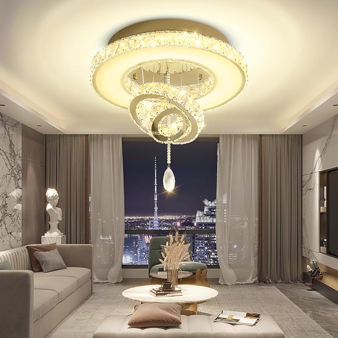 Flashing God Dia 24" Modern Chandelier for Living Room Gold Crystal Ceiling Chandelier Flush Mount Ceiling Light for Dining Room Bedroom Hallway LED Light Fixture Dimmable with Remote