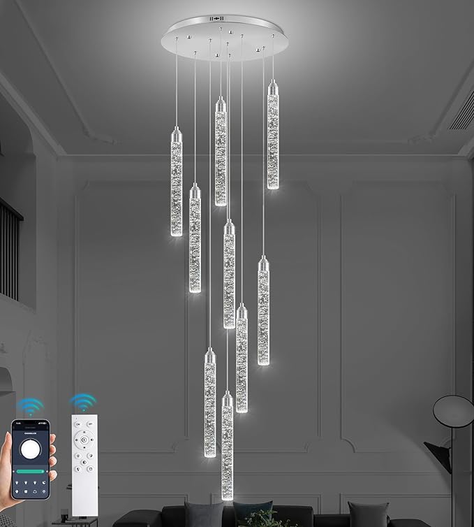 Crystal Staircase Chandelier, Modern Chrome Spiral Dimmable LED Cluster Raindrop Foyer Chandelier Lighting, Bubble Living Room Hanging Light Fixture 9 Light Remote Control