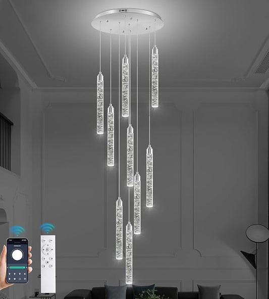 Crystal Staircase Chandelier, Modern Chrome Spiral Dimmable LED Cluster Raindrop Foyer Chandelier Lighting, Bubble Living Room Hanging Light Fixture 9 Light Remote Control